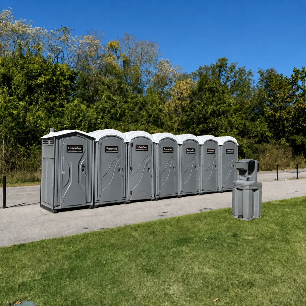 Row of portable toilets set up in Cedar Rapids, Iowa