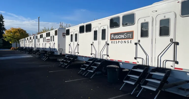 Portable restroom trailers supporting disaster recovery crews in Cedar Rapids, Iowa